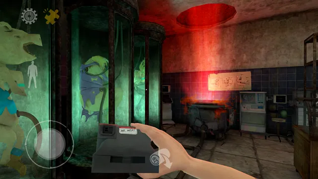 Mr. Meat screenshot: a red-lit cellar lab with creatures in glowing green tanks as you hold a device