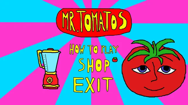 Mr. TomatoS title screen: the tomato and a blender on pink and blue rays with How to play, Shop and Exit