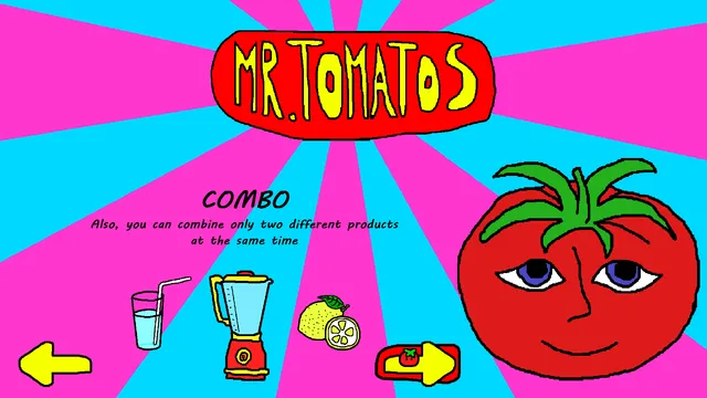 Mr. TomatoS tutorial screen: a blender, a lemon and a glass explaining combos of two products