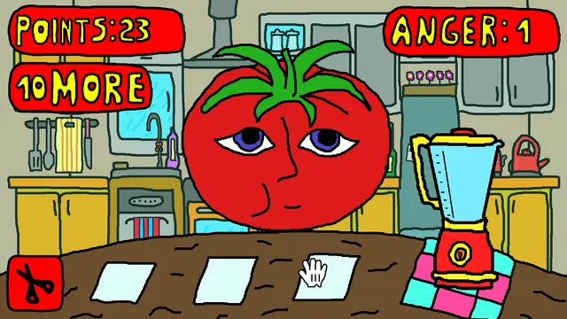 Mr. TomatoS screenshot: the tomato looking aside with 23 points and the anger meter at 1