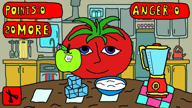 Mr. TomatoS screenshot: the smiling tomato on a kitchen counter beside a blender, with a green apple, ice and a bowl, under Points and Anger meters