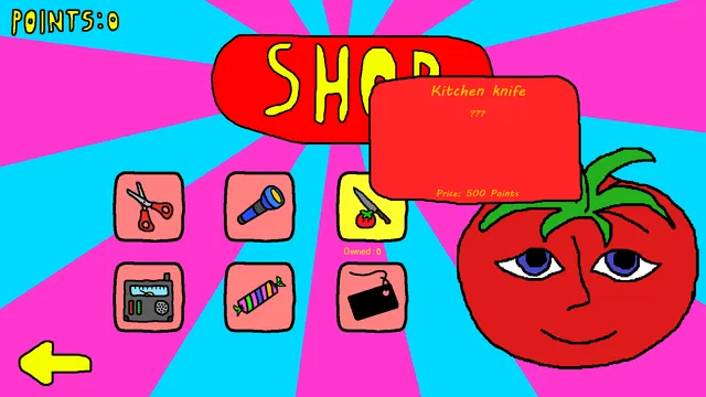 Mr. TomatoS shop screen: scissors, a torch, a radio, candy and a kitchen knife for 500 points