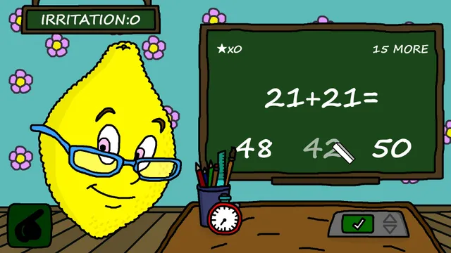 Ms. LemonS screenshot: the smiling lemon teacher in glasses beside a blackboard asking 21+21, with Irritation at 0