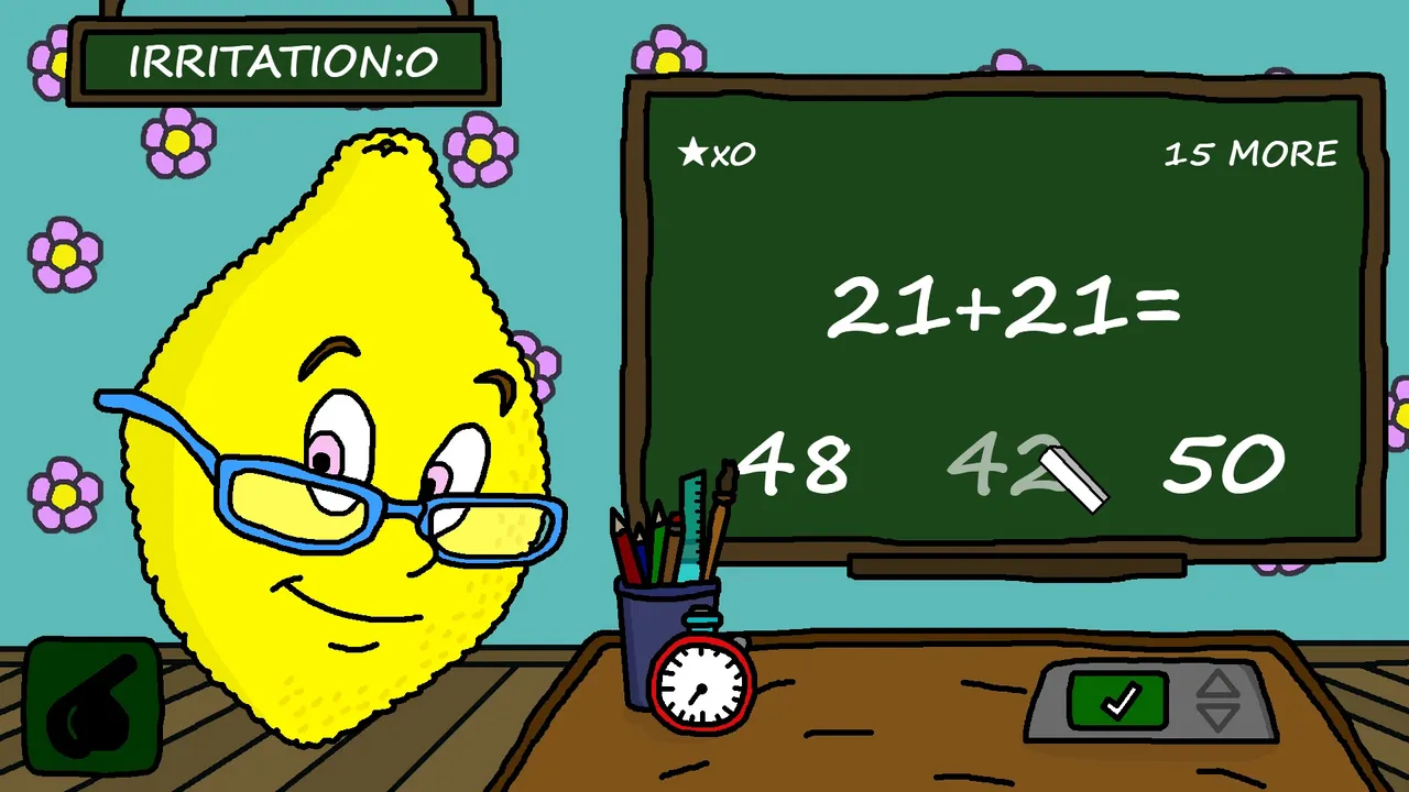 Ms. LemonS screenshot: the smiling lemon teacher in glasses beside a blackboard asking 21+21, with Irritation at 0