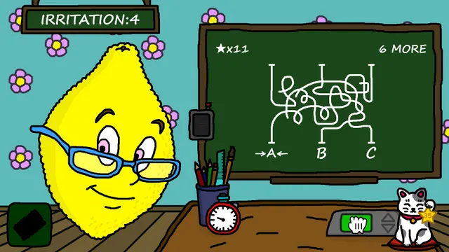 Ms. LemonS screenshot: a tangle of lines to trace to A, B or C, with Irritation at 4 and a lucky cat on the desk