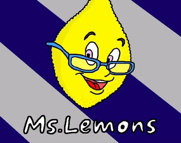 Ms. LemonS title art: the grinning lemon in blue glasses over blue and grey rays