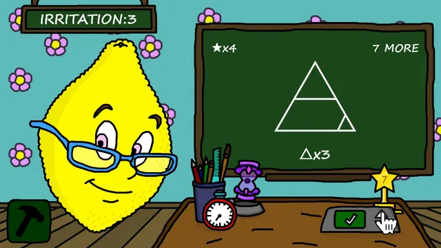 Ms. LemonS screenshot: a triangle-counting task on the blackboard, with Irritation at 3