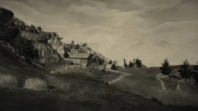 Mundaun screenshot: a pencil-drawn Alpine hillside with a stone farmhouse, a winding path and mountains under a grey sky