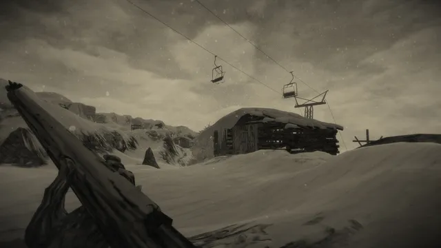 Mundaun screenshot: a snowy slope with a chair lift and a buried wooden hut, seen over the barrel of a rifle