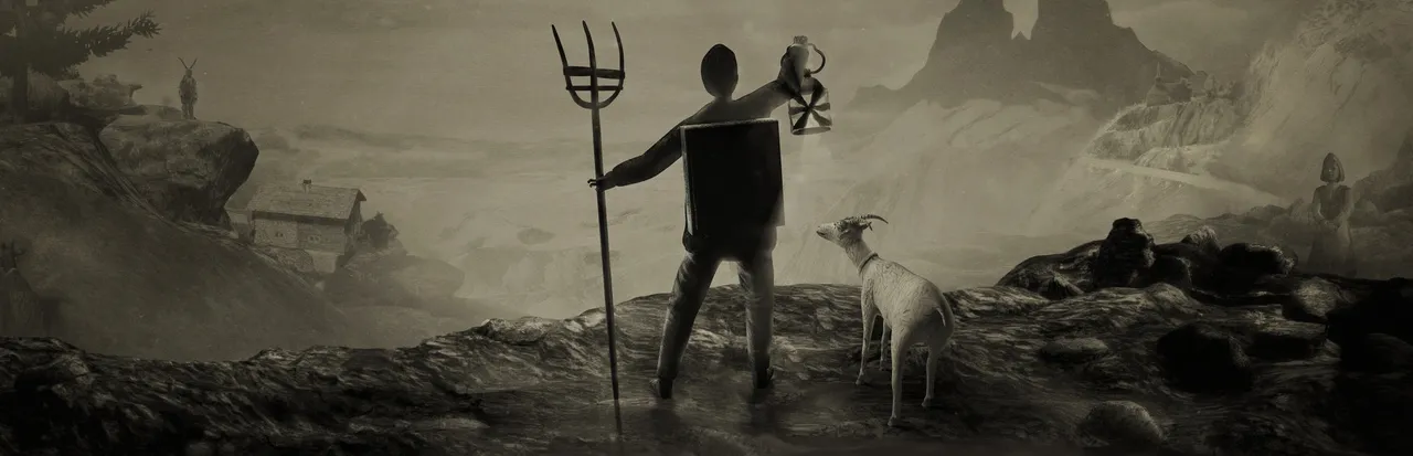 Mundaun key art in pencil greys: a man holding a pitchfork and a lantern stands on a rock with a goat, looking over an Alpine valley with a chalet, a horned figure and a woman watching