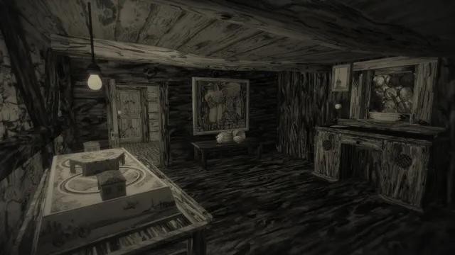 Mundaun screenshot: the dim wooden interior of a mountain hut lit by a bare bulb, with a table, a dresser and a picture on the wall