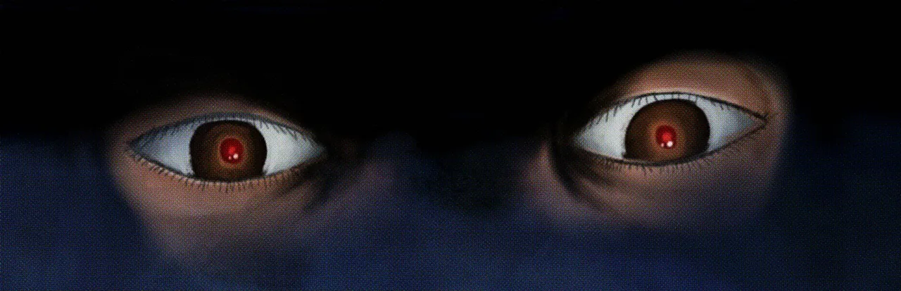 Murder House key art: a pair of wide staring eyes with small red pupils looking out of the dark