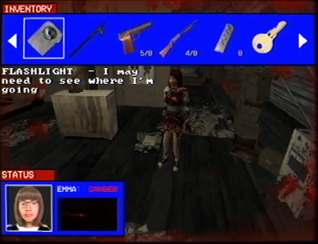 Murder House screenshot: the inventory screen with a flashlight, pistol, shotgun and key above a bloodied girl standing in a wrecked room, her status marked danger