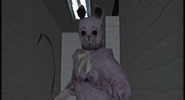 Murder House screenshot: the killer in a dirty pink Easter bunny suit and mask with a yellow bow stands in a dim hallway, seen through a fuzzy VHS filter
