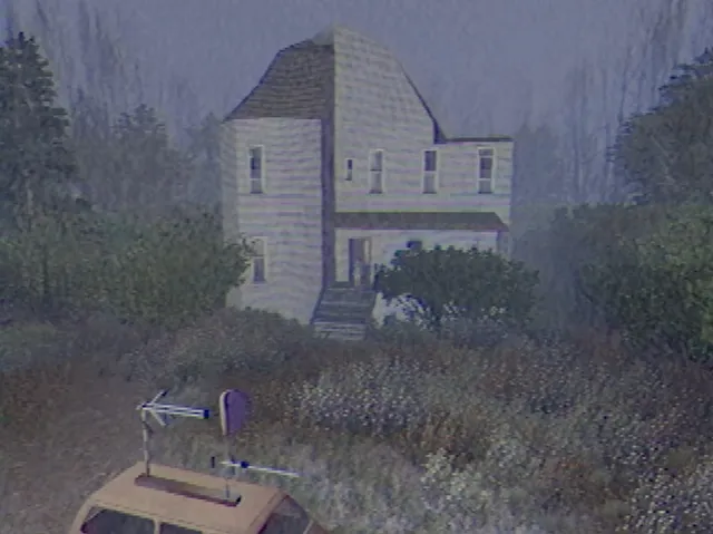 Murder House screenshot: the crew's van with a roof antenna parked in tall grass before a pale two-storey house in a misty wood