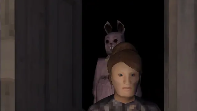 Murder House screenshot: a low-poly woman stands in a dark doorway while the bunny-masked killer looms behind her