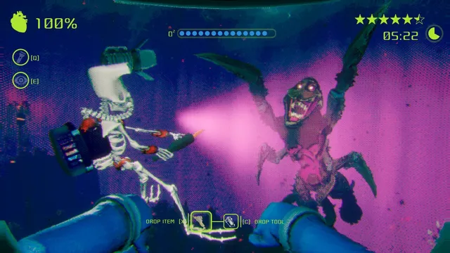 Murky Divers screenshot: a skeletal diver shines a light on a toothy, long-armed creature in pink-lit water