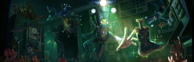 Murky Divers wide art: a diver in a round helmet reaches toward a severed leg in a dark green flooded lab while other divers float behind