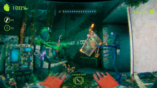 Murky Divers screenshot: two divers in a sunken Pharma Corps lab, one carrying a shopping cart