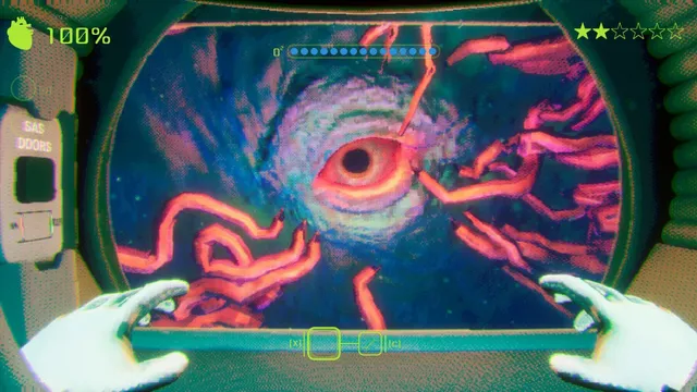 Murky Divers screenshot: a giant eye and red tentacles seen through the submarine's window