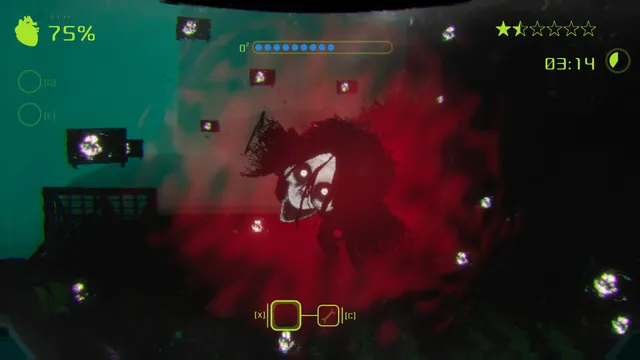 Murky Divers screenshot: a dark shape with pale eyes looms out of a red cloud in the deep