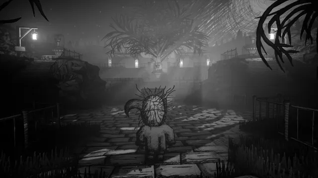 My Beautiful Paper Smile: the masked boy walks a stone path toward a fountain and a twisted tree in a dark, hand-drawn garden