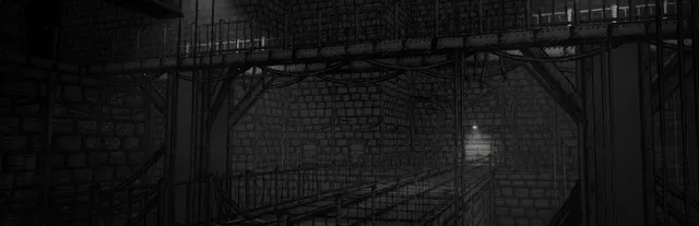 My Beautiful Paper Smile: dark pencil-drawn iron catwalks and brick walls inside the facility, one lit door in the distance