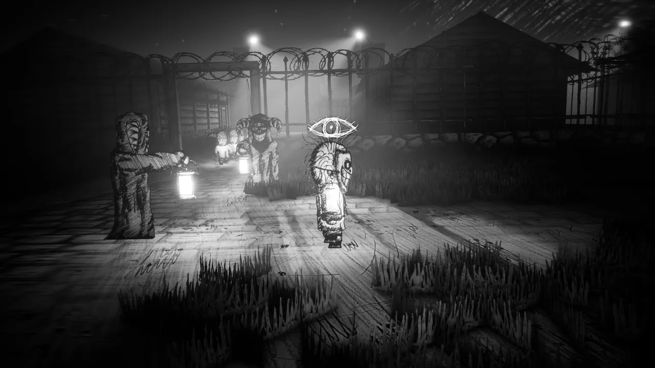 My Beautiful Paper Smile: a masked child with a drawn eye above his head walks between hooded guards with lanterns in a barbed-wire yard at night