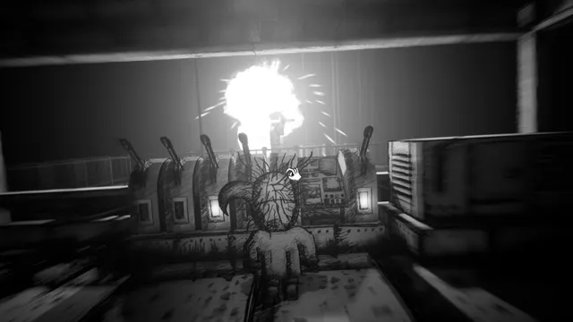 My Beautiful Paper Smile: the masked boy stands at a machine of levers while a bright light flares behind a tall horned figure