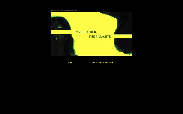 MY BROTHER; THE PARASITE title screen running in the browser: two shadowed faces in black and green on yellow around the title, with Start and Content Warnings