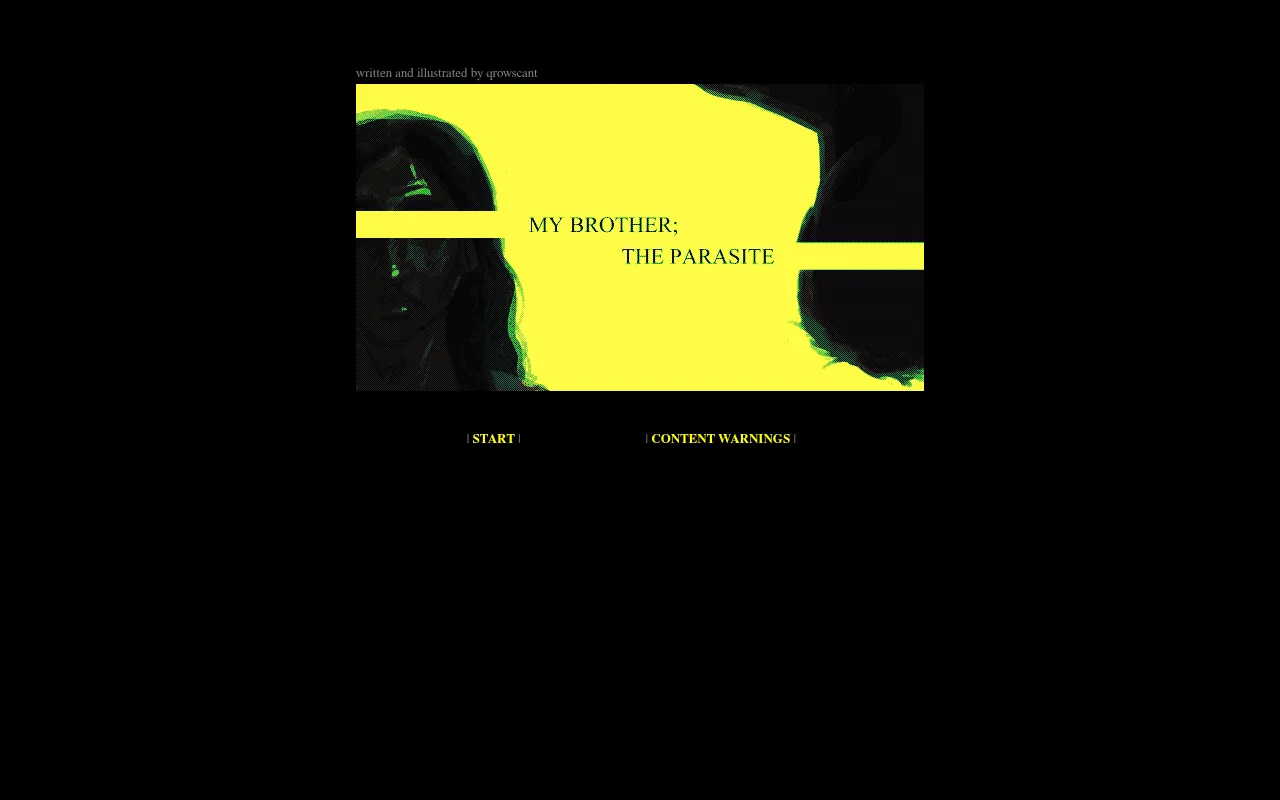 MY BROTHER; THE PARASITE title screen running in the browser: two shadowed faces in black and green on yellow around the title, with Start and Content Warnings