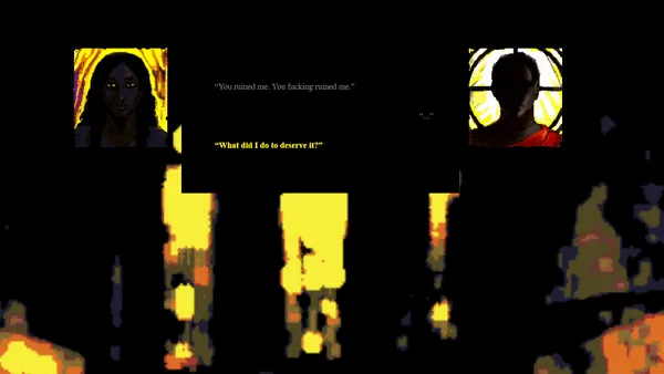 MY BROTHER; THE PARASITE screenshot: two portraits in lit church windows above glowing yellow arches, with lines of dialogue between them