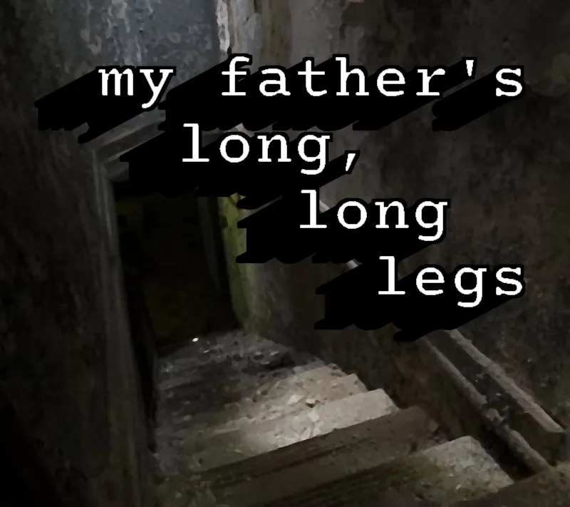 my father's long, long legs cover: worn stone steps lead down into a dark basement under the title in typewriter letters