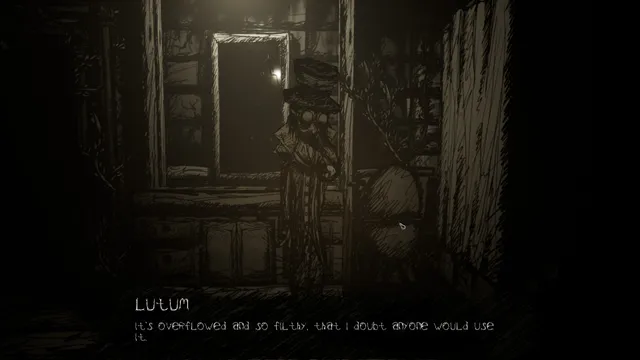 My Friend is a Raven: Lutum in a filthy bathroom, with his line 'It's overflowed and so filthy, that I doubt anyone would use it'