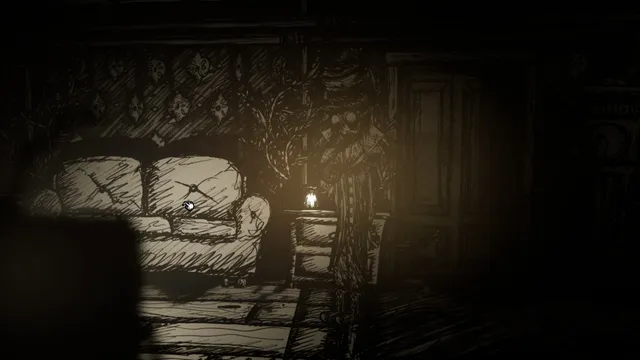 My Friend is a Raven: a dim sepia living room with a worn sofa, a small lamp and Lutum in the shadows