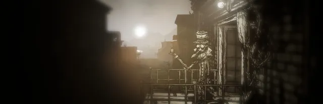 My Friend is a Raven: Lutum, in a top hat and goggled beak mask, holds out a small bird on a balcony above a foggy, dead town
