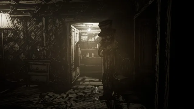 My Friend is a Raven: Lutum stands in a dark, ink-drawn hallway scattered with black feathers, a lit storeroom behind him