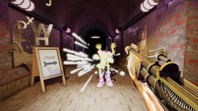 My Friendly Neighborhood screenshot: Gordon fires letters from a gun at a glowing puppet in a brick corridor