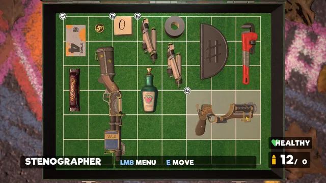 My Friendly Neighborhood screenshot: the grid inventory holding a letter gun, a wrench, a candy bar and other items
