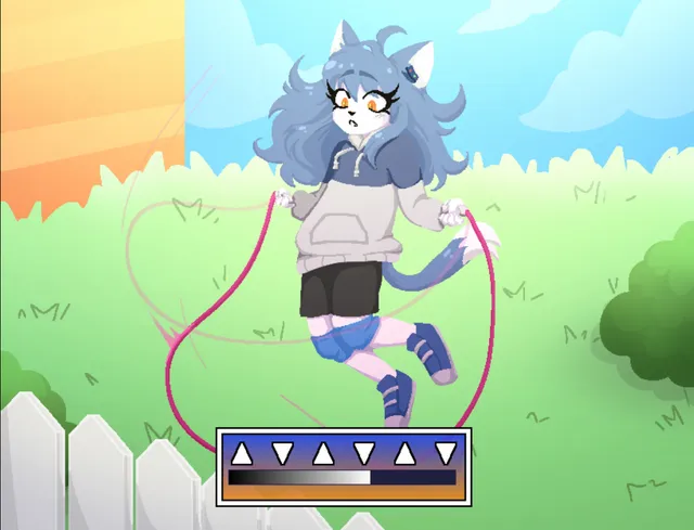My Neighbor Enide screenshot: Allie, a blue-haired cat girl, skipping rope in a sunny garden during a timing minigame