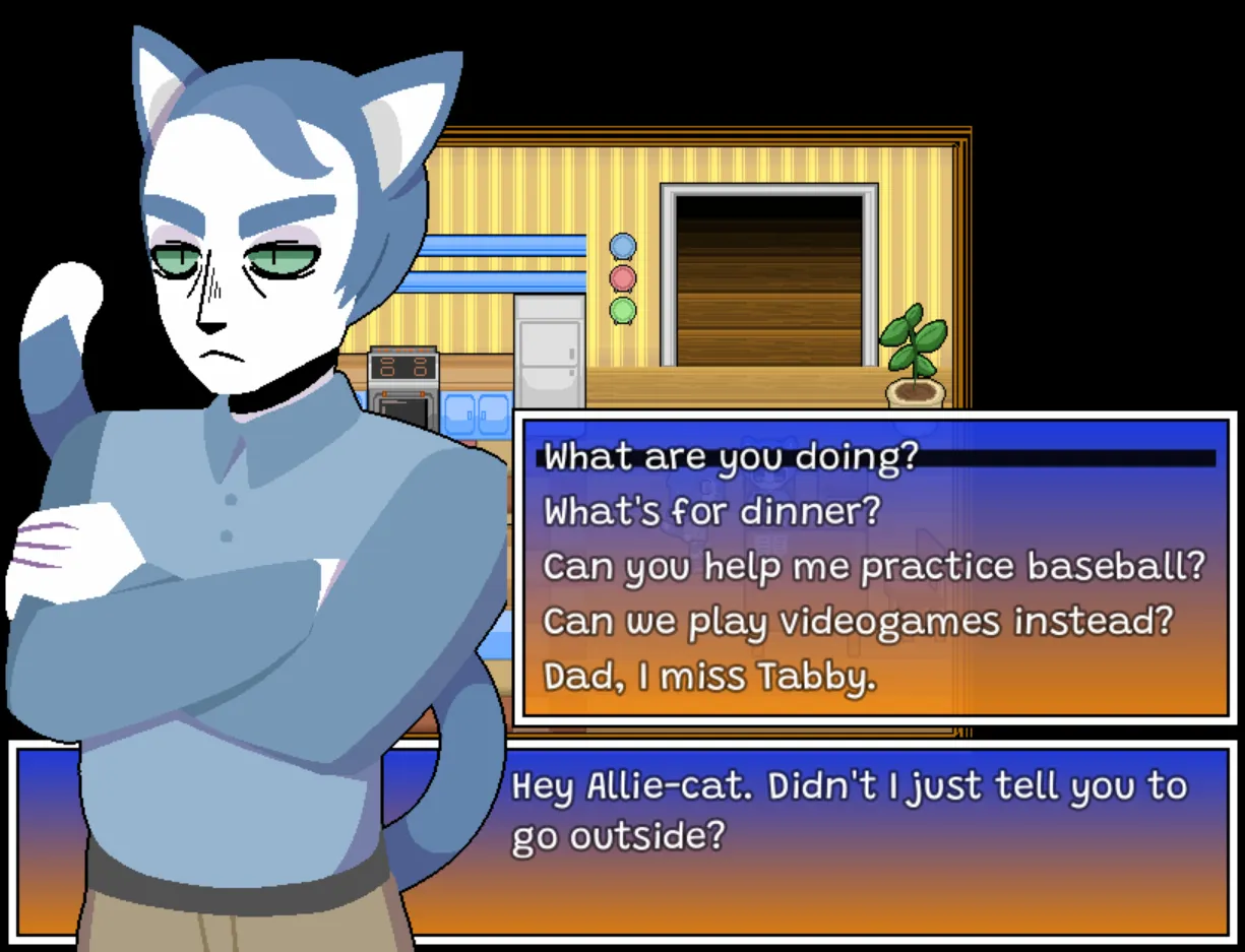 My Neighbor Enide screenshot: Allie's stern cat-eared dad tells her to go outside, with dialogue choices including Dad, I miss Tabby
