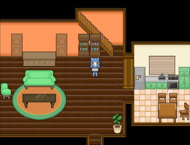 My Neighbor Enide screenshot: a top-down pixel-art living room and kitchen with Allie standing by the sofa