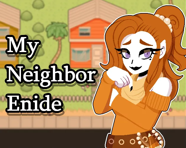 My Neighbor Enide cover: Enide, a smiling neighbour with orange hair and black lipstick, in front of pixel-art beach houses beside the title