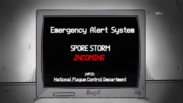 An old CRT television shows the Emergency Alert System message: Spore Storm Incoming, National Plague Control Department