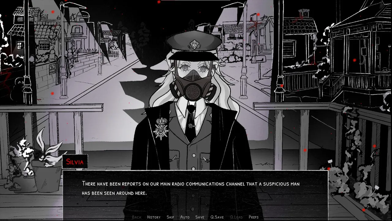 Mycopsychosys: Remastered: Silvia, an officer in a gas mask and cap, stands on the porch of a black-and-white street with red spores in the air