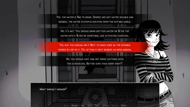 A choice menu asking how to answer whether tap water is safe to drink during the spore storm