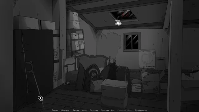 A dark attic full of boxes, a crutch and old furniture, with something red seen through the open hatch in the ceiling