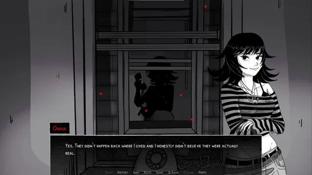 Onna, a girl in a striped top, talks about the spore storms while a silhouette speaks on the phone behind her