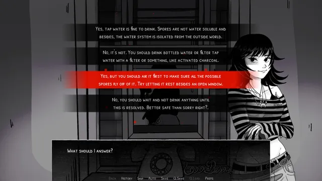 Mycopsychosys screenshot: a dark-haired girl waits as you choose an answer about whether tap water is safe to drink from the spores