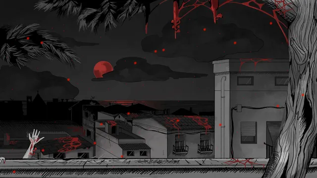 Mycopsychosys screenshot: rooftops under a red moon as red spores drift down and a bloodied hand reaches up from a ledge